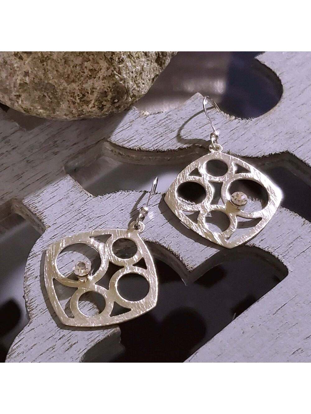 Elegant Brushed Stainless Steel Geometric Cutout Austrian Crystal Earrings